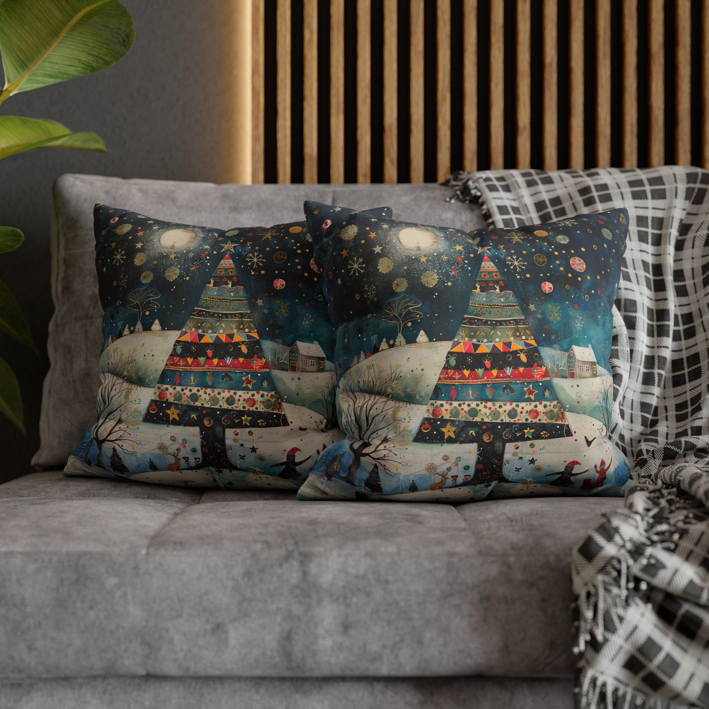 Nighttime Delights: Folk Art Christmas Tree Illuminating a Town, with Joyful Children Playing Below Spun Polyester Square Pillowcase 4 Sizes