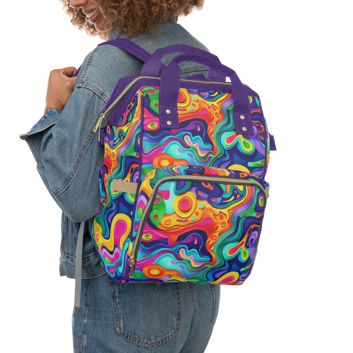 Vibrant Dreamscape of Psychedelic Paper Cut-Out Waves in Vivid Colors Multifunctional Diaper Backpack