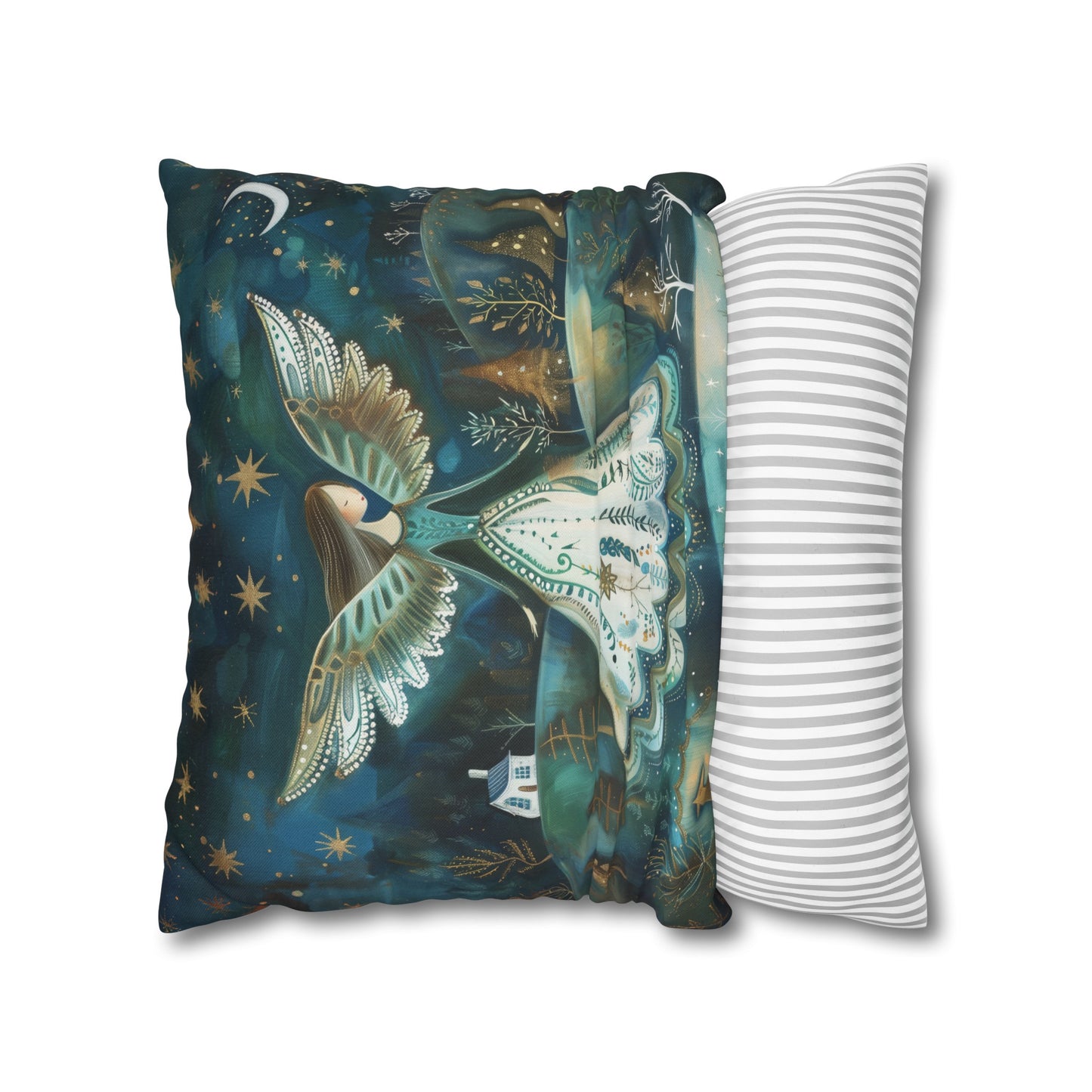 Starry Serenade: Angel in Flowing Dress Amidst a Starry Night Spun Polyester Square Pillowcase 4 Sizes