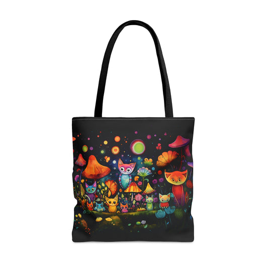 Mystical Cats Amidst a Garden of Flowers and Mushrooms, Beneath a Starry Sky  - Canvas Tote 3 Sizes