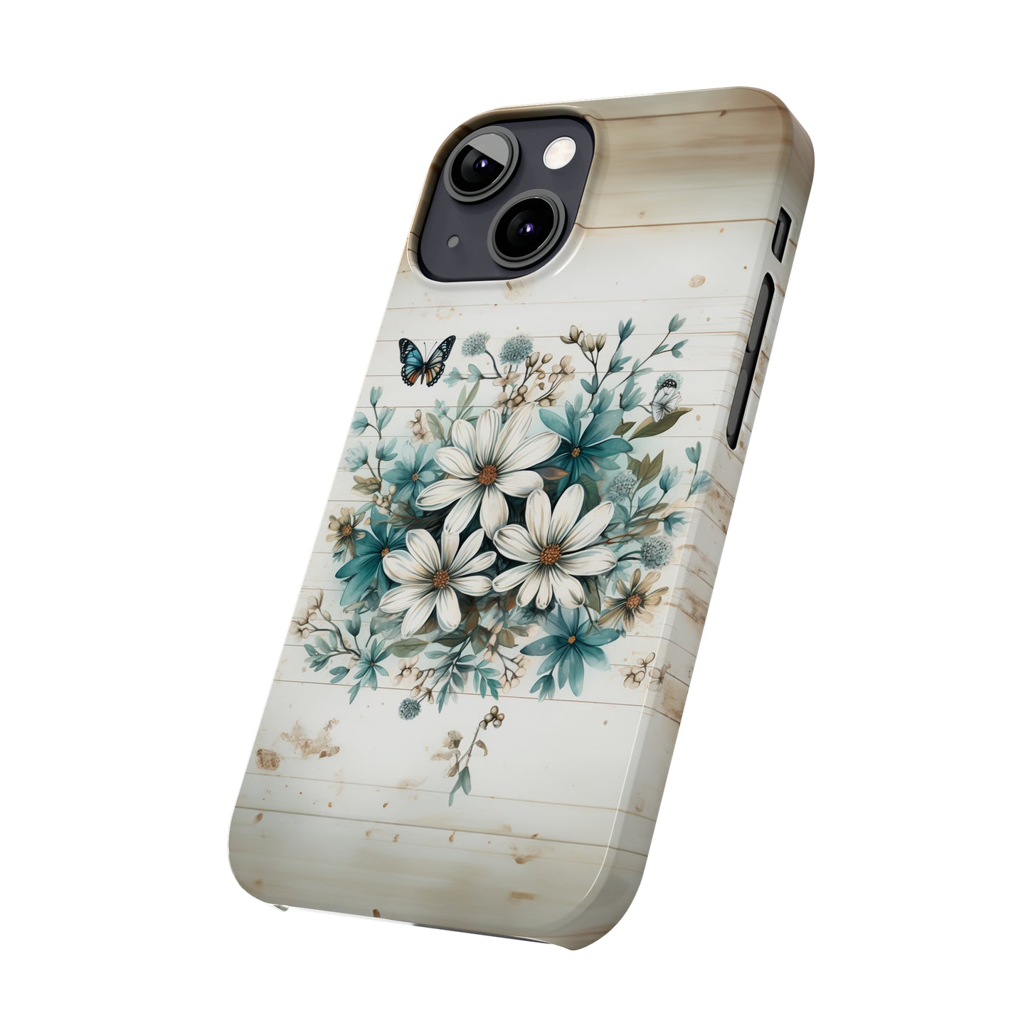 Rustic Charm Bouquet featuring Teal Accents White Wild Daisies with Butterflies  Iphone 15-12 Slim Phone Case