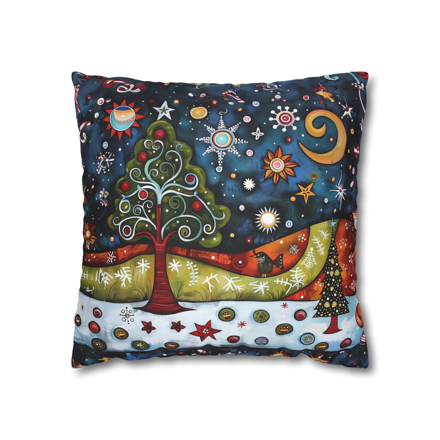 Whimsical Winter Village: Abstract Folk Art Christmas Scene Spun Polyester Square Pillowcase 4 Sizes