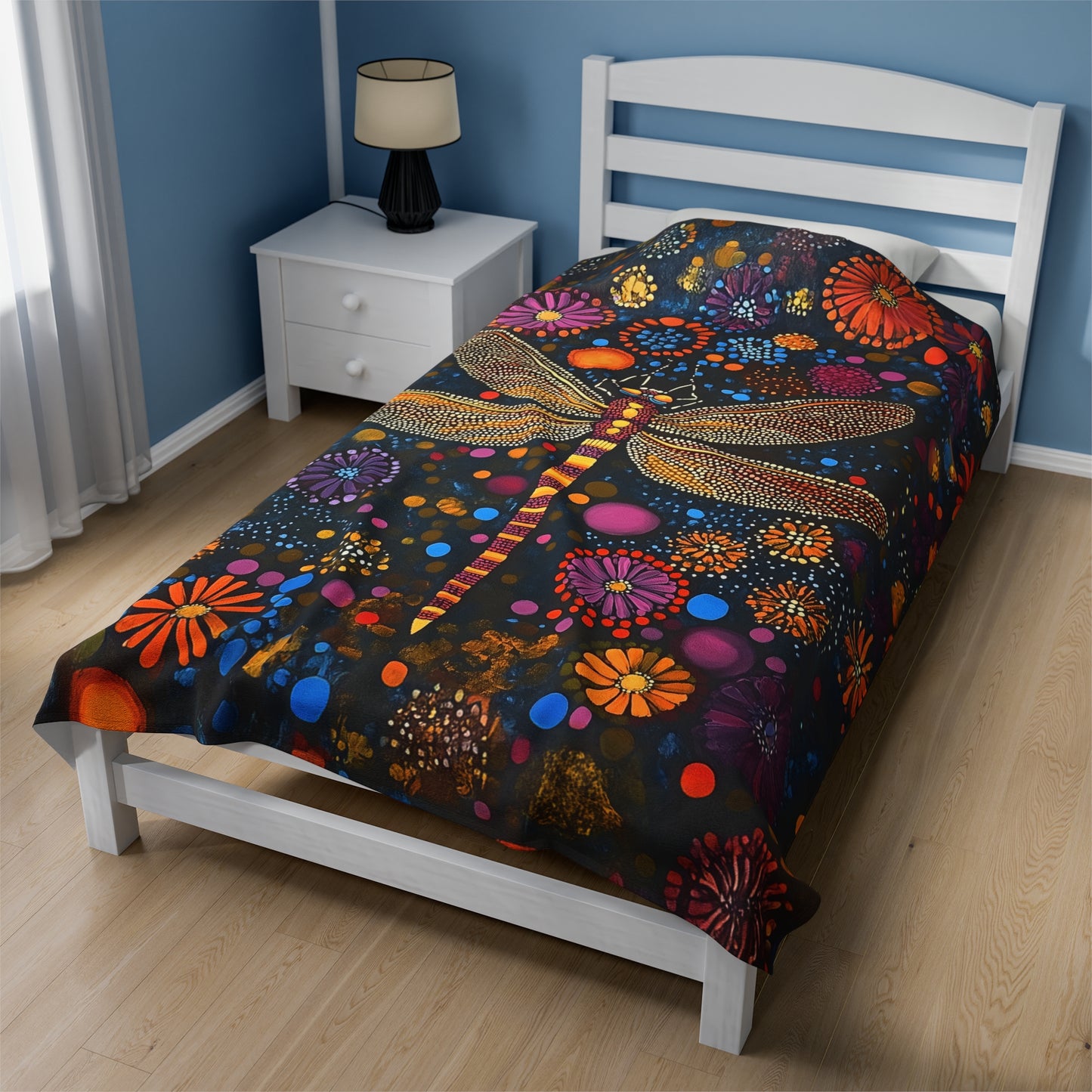 Vibrant Dragonfly Amidst a Kaleidoscope of Dot-Painted Blooms Velveteen Plush Blanket 3 Sizes