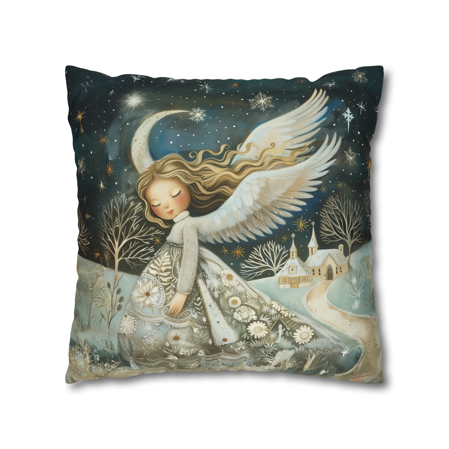 Guardian of Bloom: Young Angel in Floral Dress Amidst a Quaint Village Spun Polyester Square Pillowcase 4 Sizes