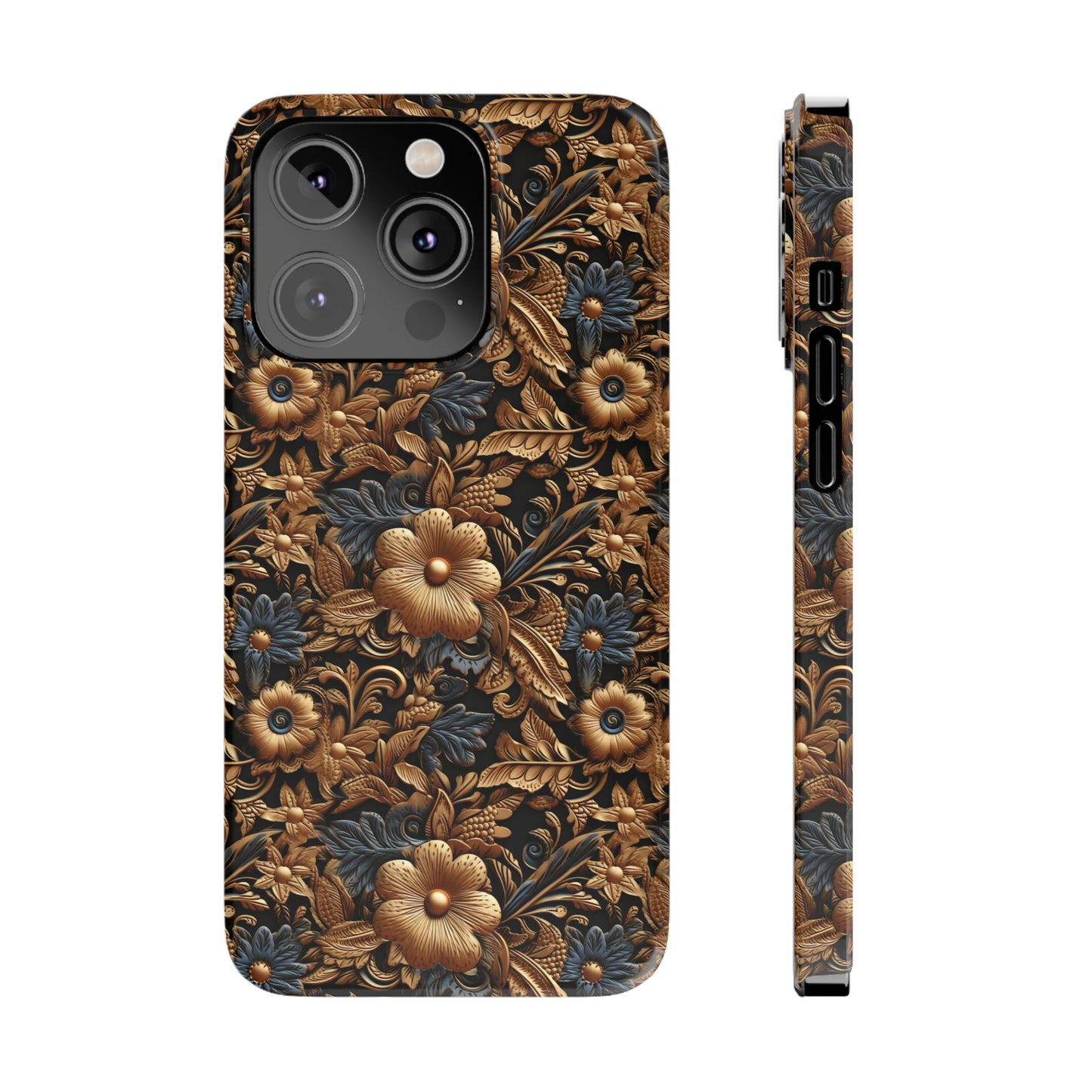 Tooled Leather Gold Flowers with Blue Leaves Accent Print Design Iphone 15-12 Slim Phone Case