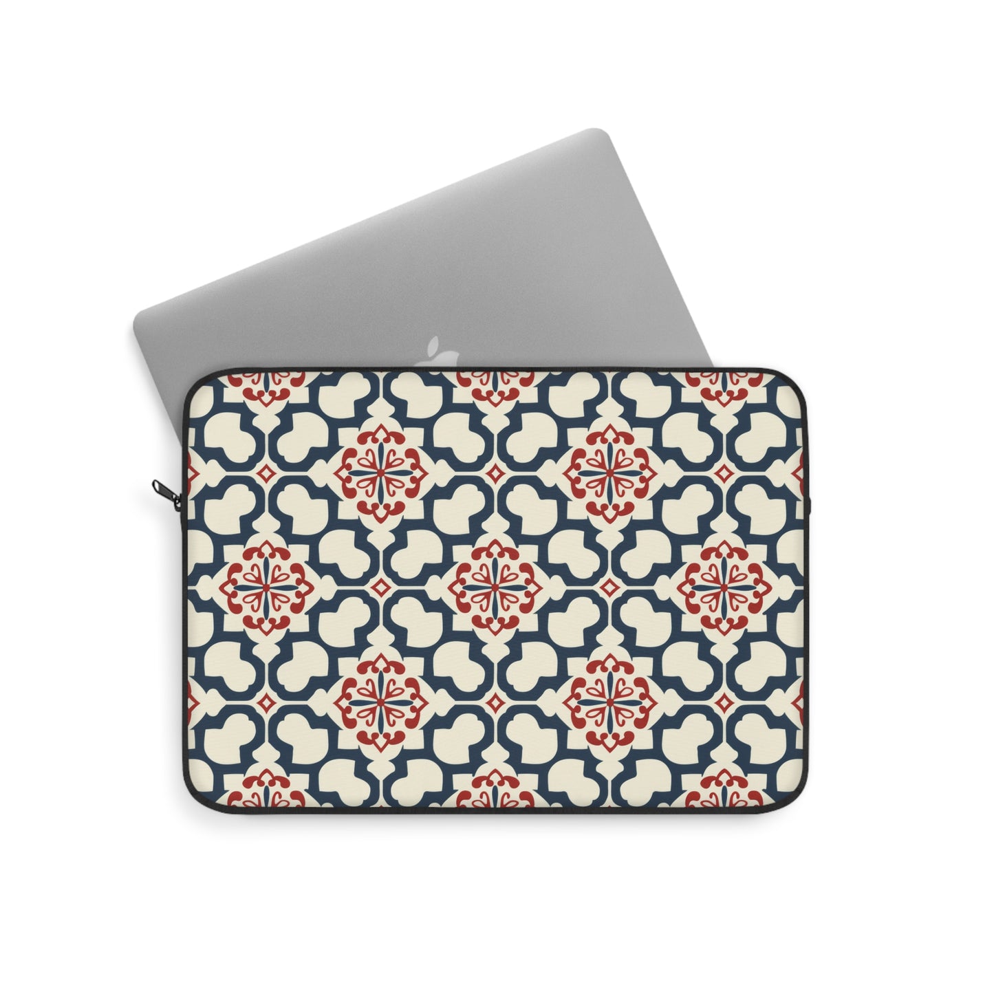 Traditional Korean Elegance in Bold Red and Navy Geometric Tile Pattern Laptop or Ipad Protective Sleeve 3 Sizes Available