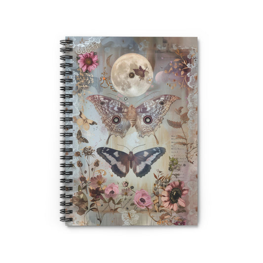 Mystical Moon with Flowers and Butterflies - Spiral Notebook Ruled Line 6"x8"