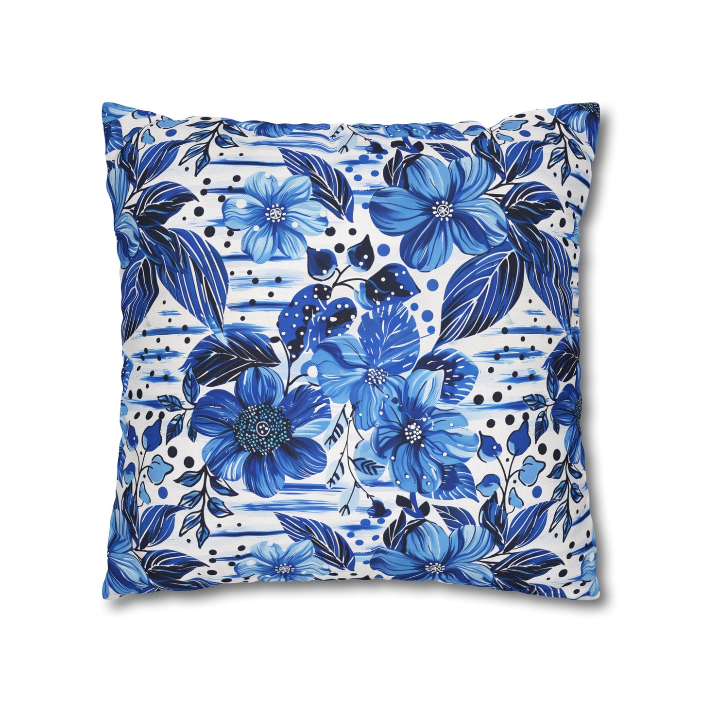 Floral Symphony in Shades of Blue, Harmonized with Abstract Lines Spun Polyester Square Pillowcase 4 Sizes