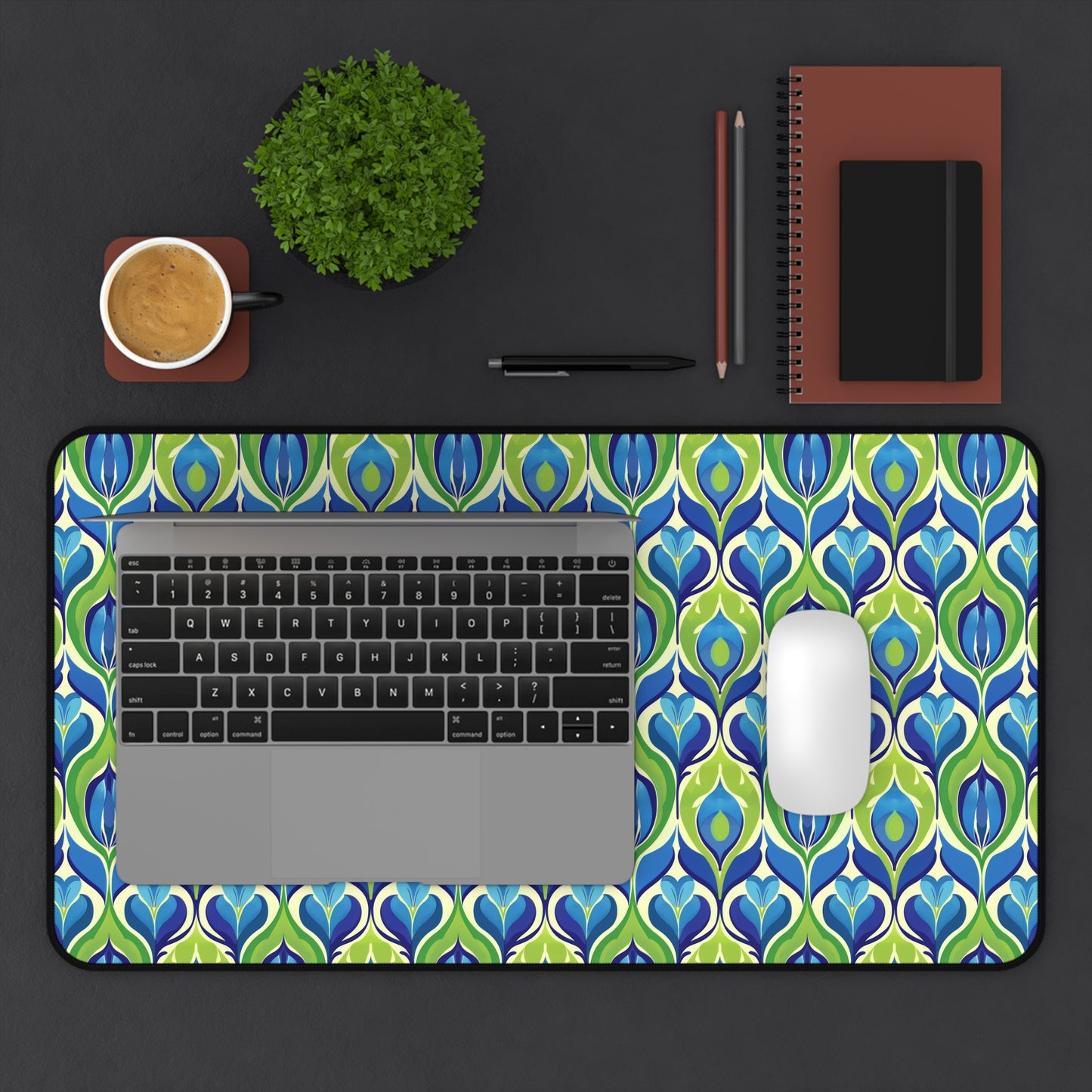 Retro Vibrant Peacock Blue and Green Floral Design Extended Gaming Mouse Pad  Desk Mat  - 3 Sizes