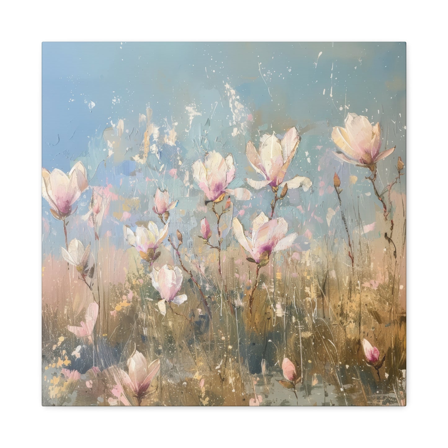 Gentle Spring Serenity: Soft White and Pink Wildflowers Blooming in a Sunlit Field Print on Canvas Gallery Wraps  - 5 Sizes