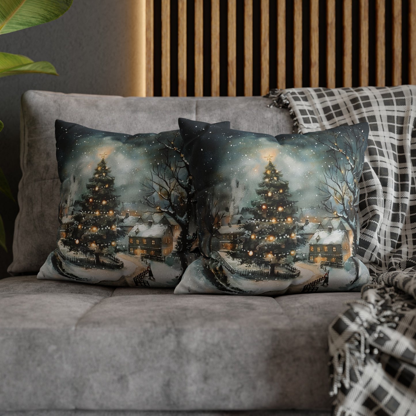 Winter Wonderland Glow: Christmas Tree Illuminating a Snowy Village Spun Polyester Square Pillowcase 4 Sizes