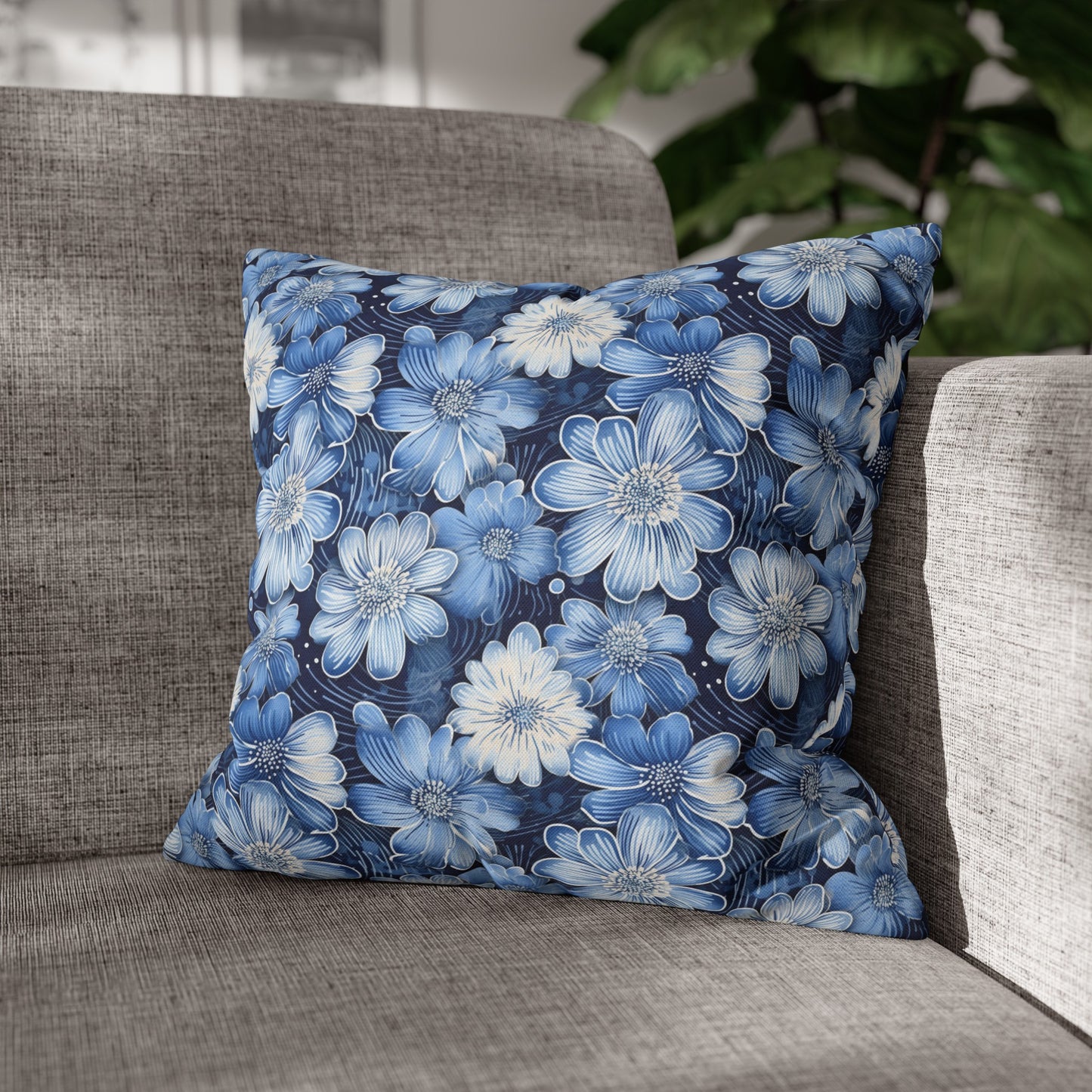 Watercolor Blossom in Blue and White Spun Polyester Square Pillowcase 4 Sizes