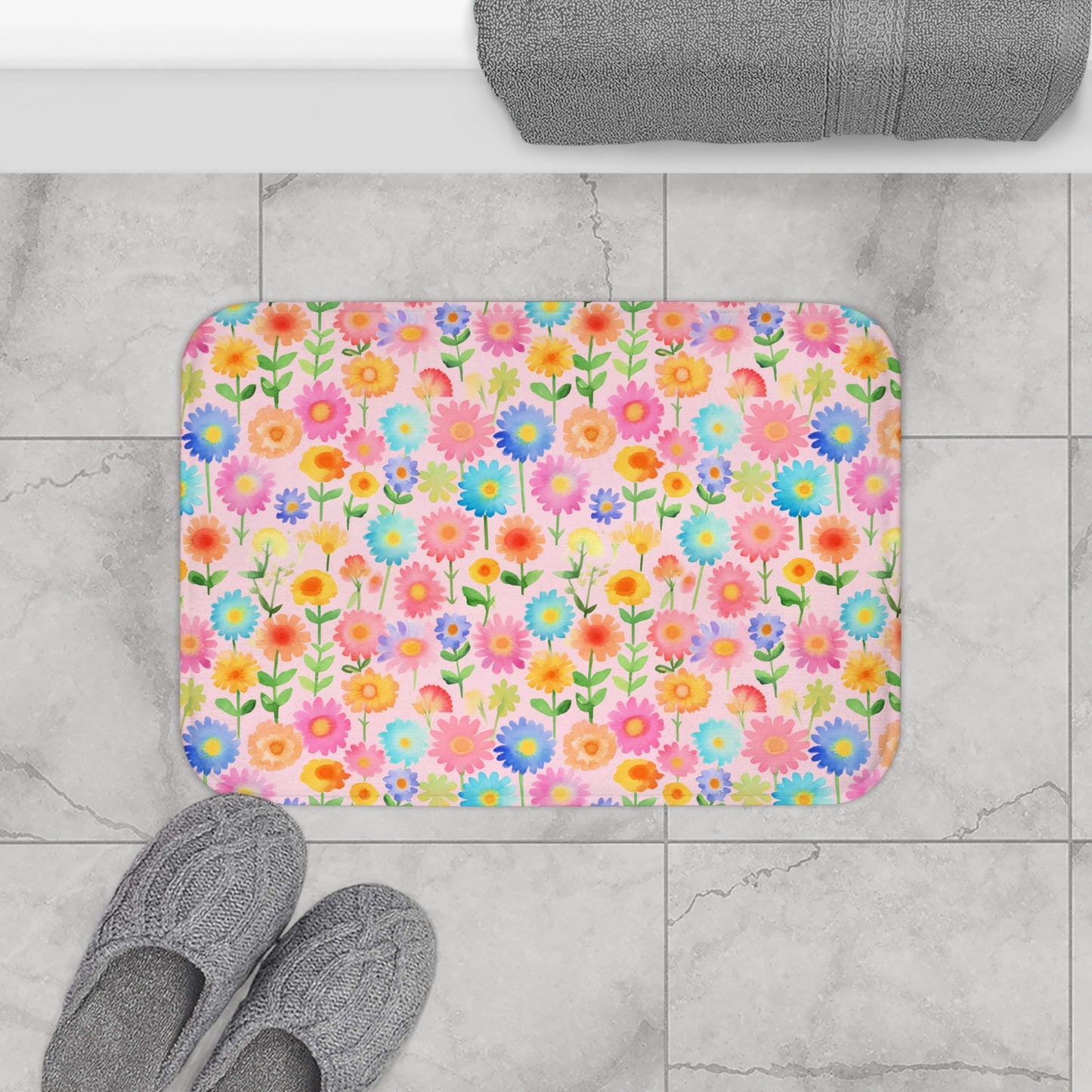 Lively Watercolor Blooms: Vibrant Tiny Flowers Bursting with Color Design  - Bathroom Non-Slip Mat 2 Sizes