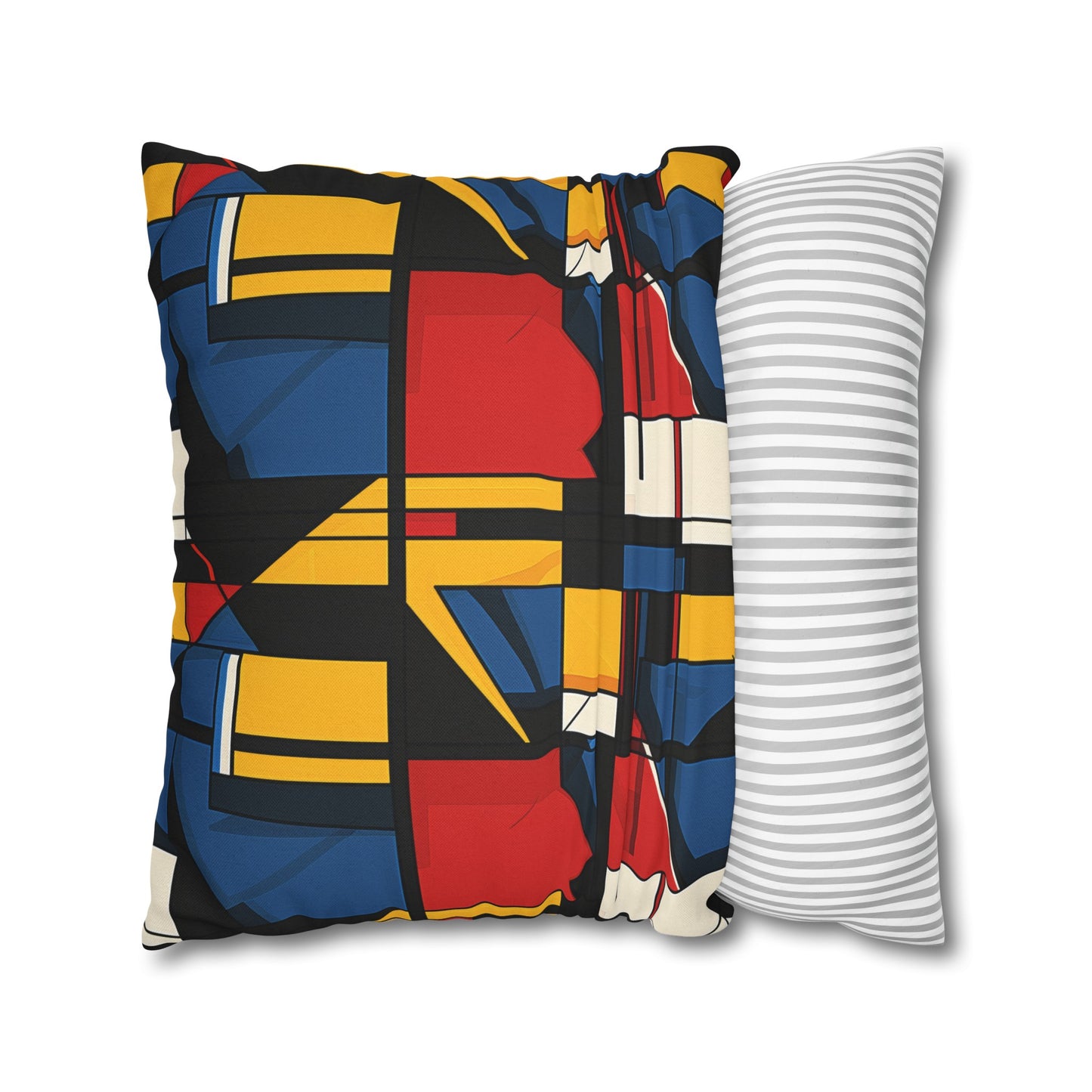 Mondrian-Inspired Bold Primary Colors and Black Lines Abstract Spun Polyester Square Pillowcase 4 Sizes