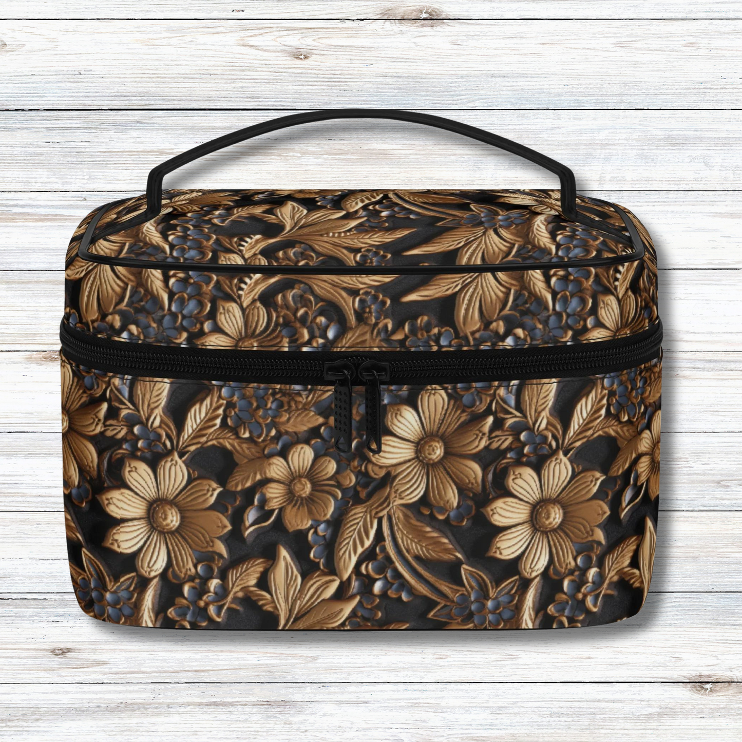 Tooled Leather Print of  Gold Flowers with Blue Accents Print Design - Cosmetic or Toiletry Bag Faux Leather (PU)