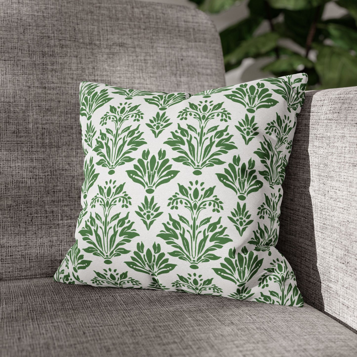 Green Floral Indian Block Print Pattern Spun Polyester Square Pillowcase 4 Sizes