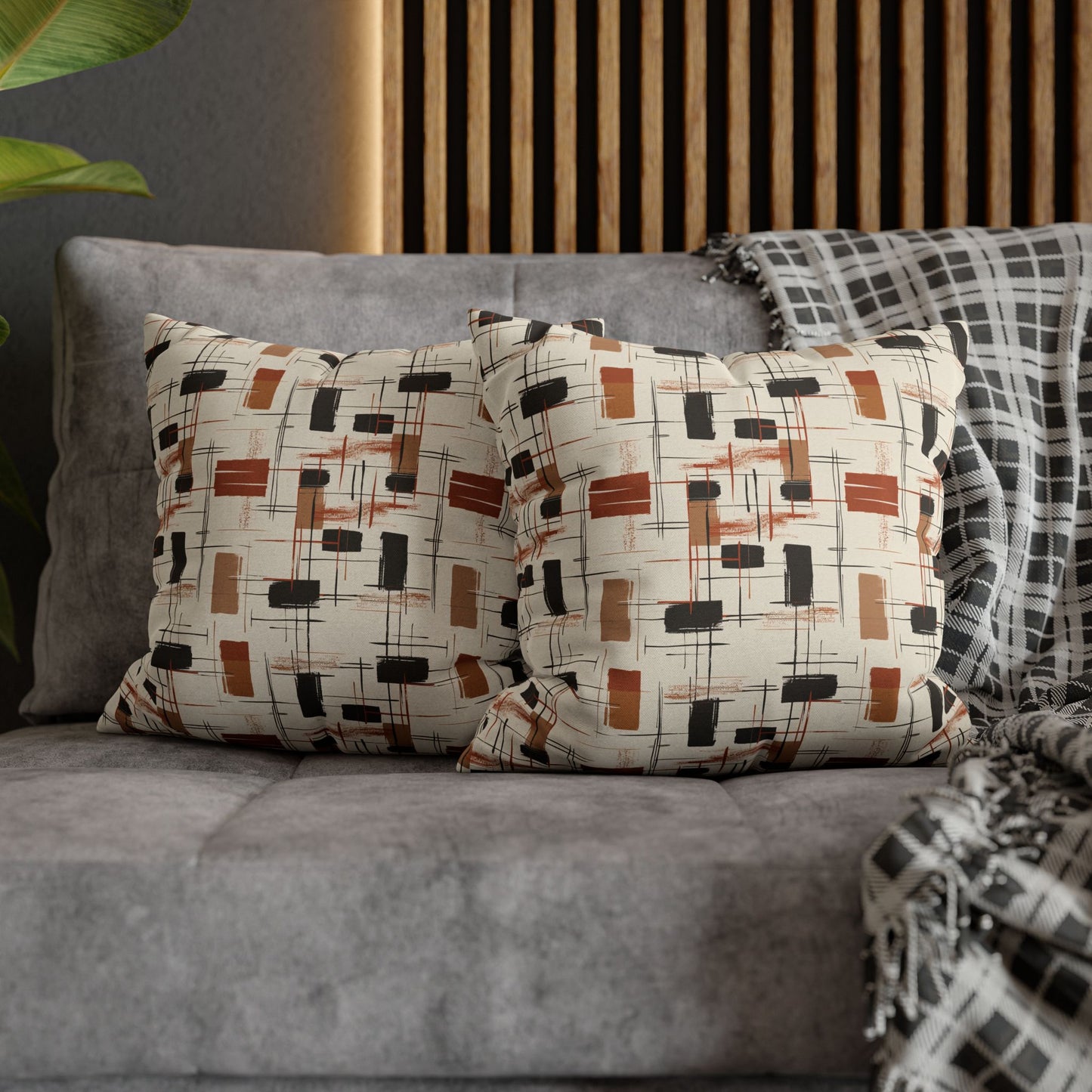 Modern Artistry in Bold and Minimalistic Pattern in a Palette of Black, Dark Orange, and Beige Spun Polyester Square Pillowcase 4 Sizes