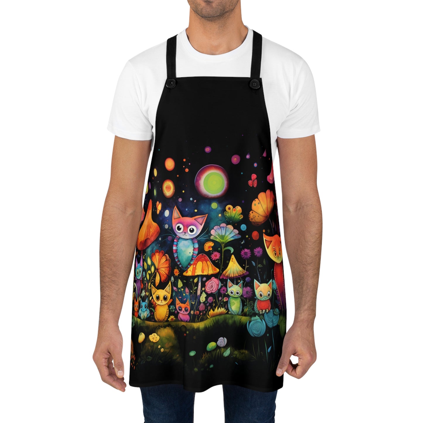 Mystical Cats Amidst a Garden of Flowers and Mushrooms, Beneath a Starry Sky- Kitchen Chef Apron