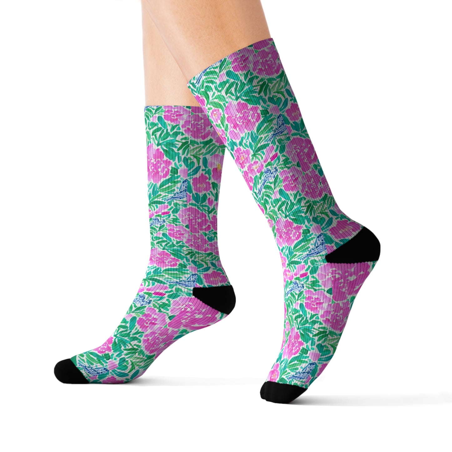 Springtime Whispers: Tiny Birds and Pink Blooms, Subtle Blue Accents, and Lush Green Leaves Ribbed Crew Socks