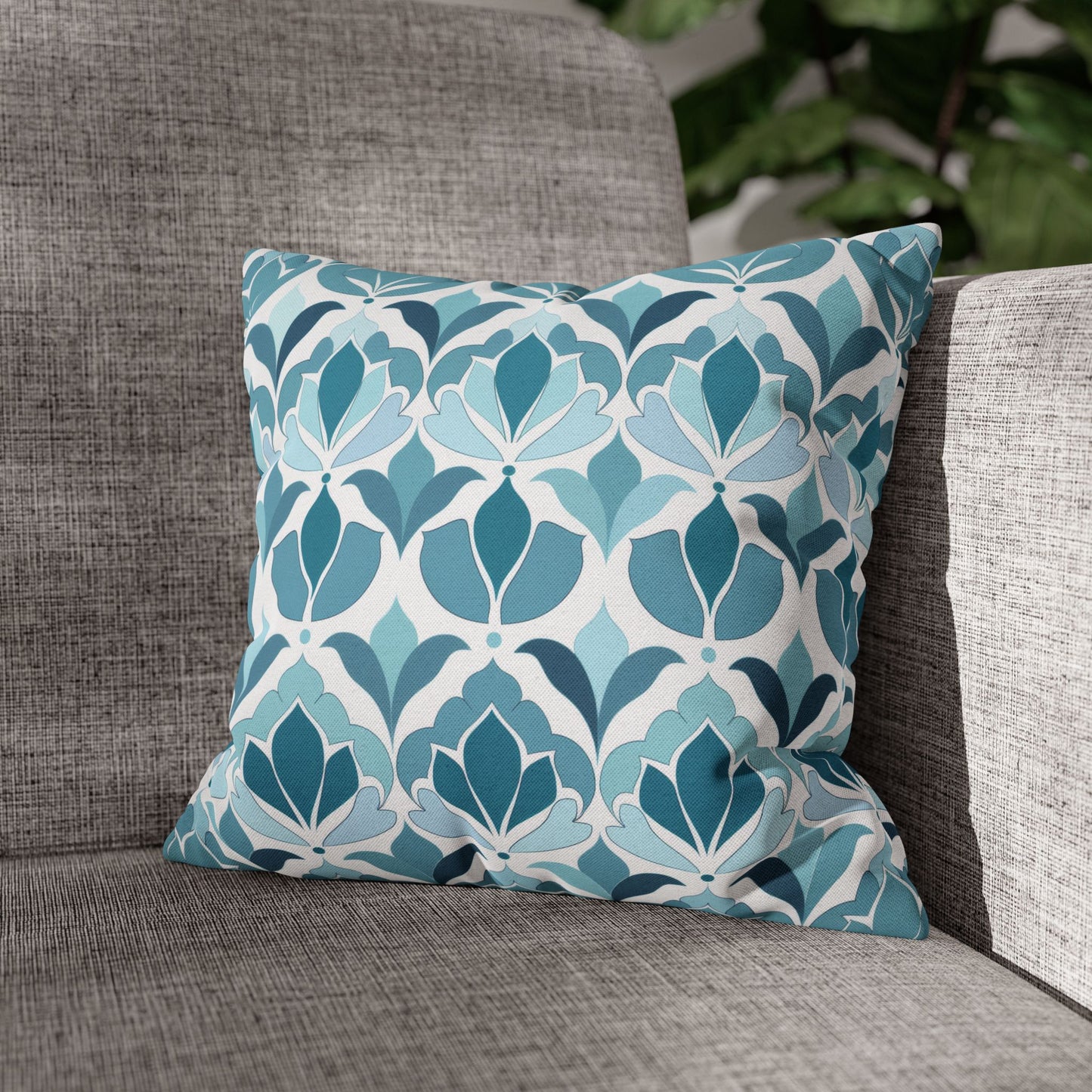 Serene Floral Pattern in Shades of Aqua and Teal, Forming Graceful Botanical Motifs Spun Polyester Square Pillowcase 4 Sizes