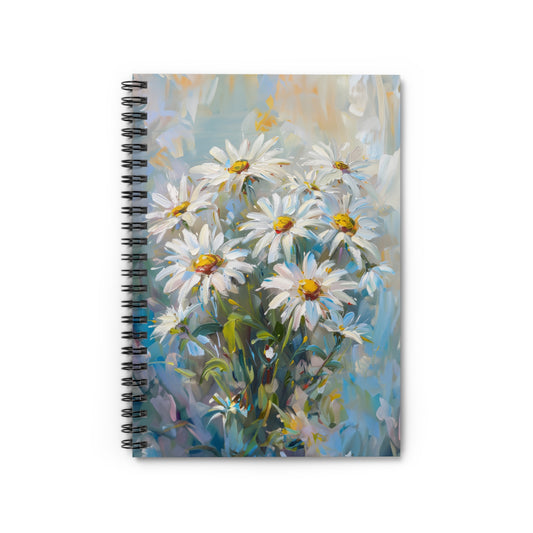 Bouquet of Daisies Painted in Watercolor Style with Blues and Gold Adorning the Background - Spiral Notebook Ruled Line 6"x8"