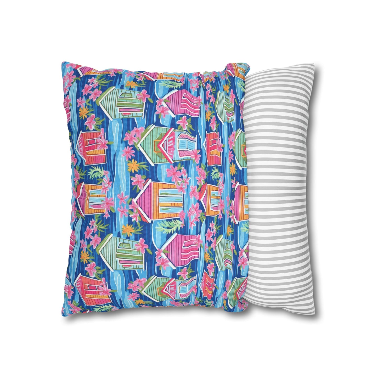 Seaside Serenade: Watercolor Beach Houses Amidst Blooming Florals Spun Polyester Square Pillowcase 4 Sizes