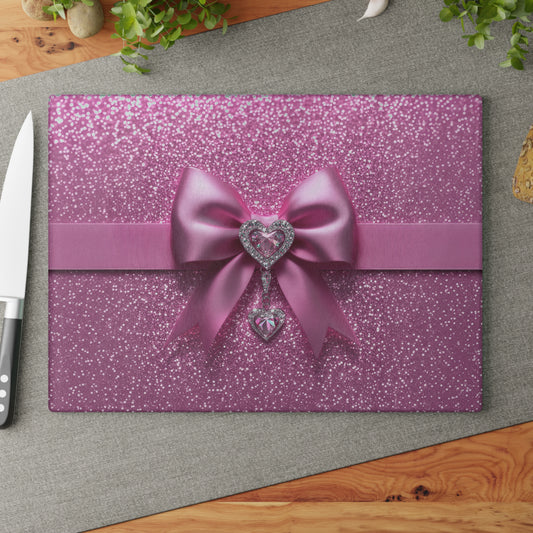 Bling Glam Pink Heart Sparkle Diamond Glass Cutting Board, Charcuterie Serving Tray 2 Sizes