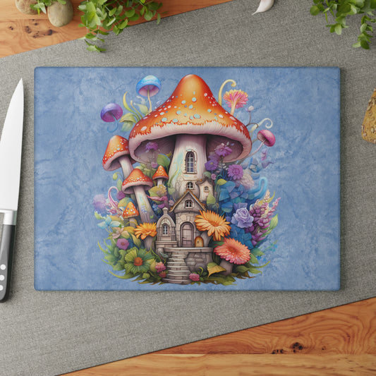 Fairytale Mushroom Cottage House with Floral Garden on Blue Watercolor Background - Glass Cutting Board  8" x 11" and 11" x 15"