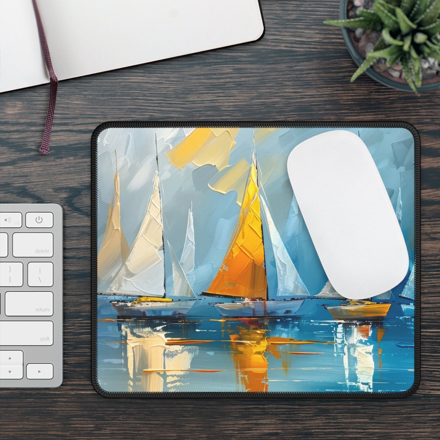 Sailboats Gliding on the Open Sea, Bathed in the Warm Glow of the Setting Sun Gaming Mouse Pad with Finished Edges