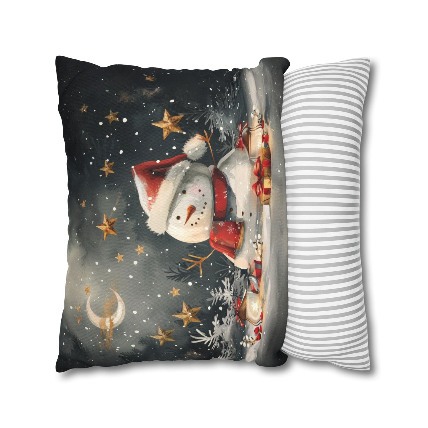 Snowman Beneath a Canopy of Stars, Surrounded by Presents Spun Polyester Square Pillowcase 4 Sizes