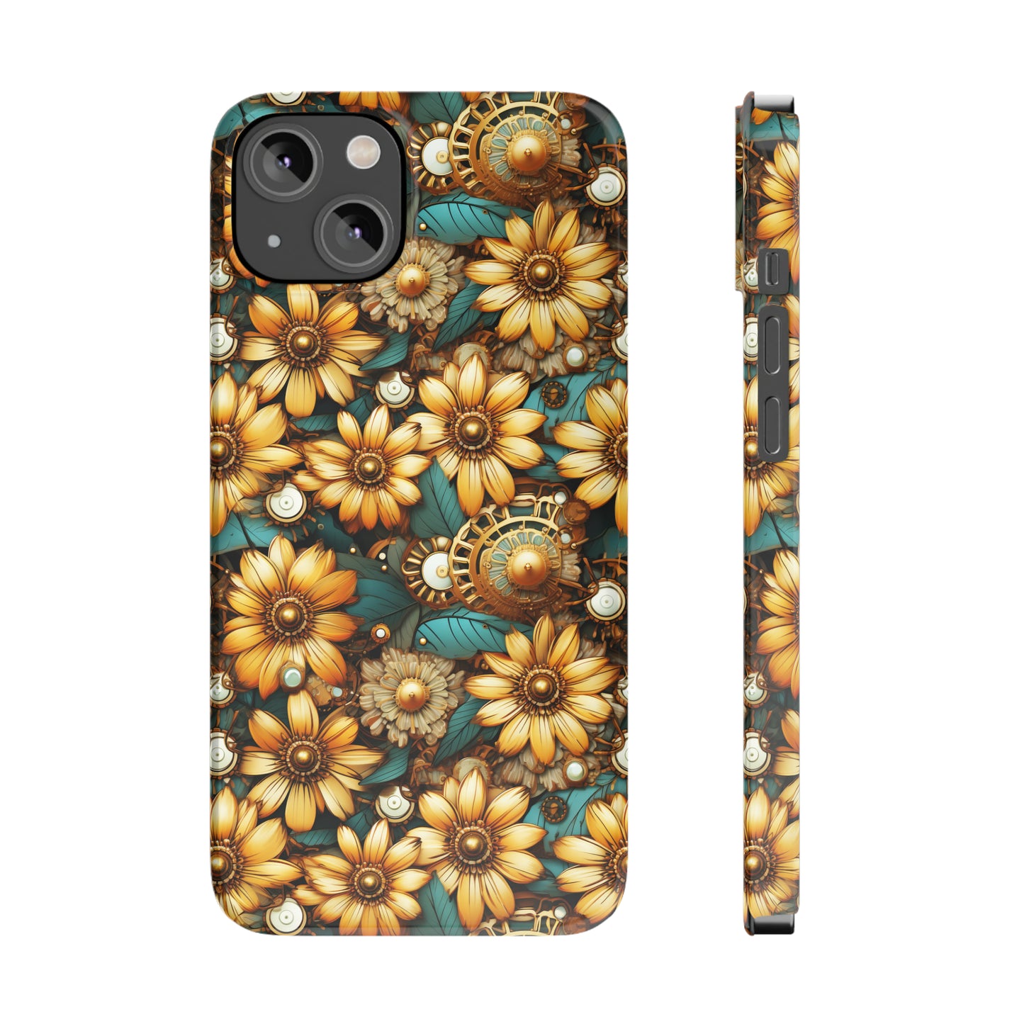 Victorian Steampunk Gold Flowers Teal Background with Gears and Mechanical Elements Iphone 15-12 Slim Phone Case