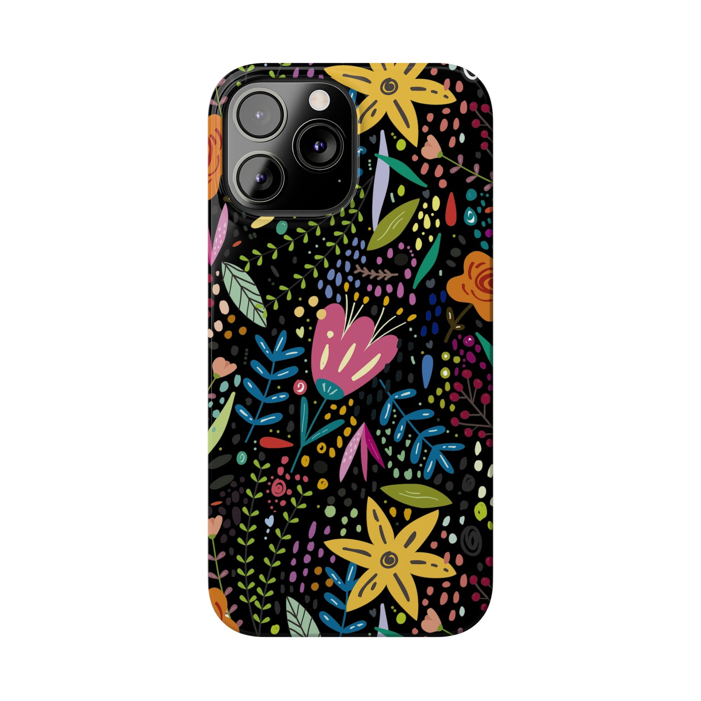 Springtime Splendor: Hand-Drawn Flowers Bursting with Vibrant Colors Design on Black Iphone 15-12 Slim Phone Case