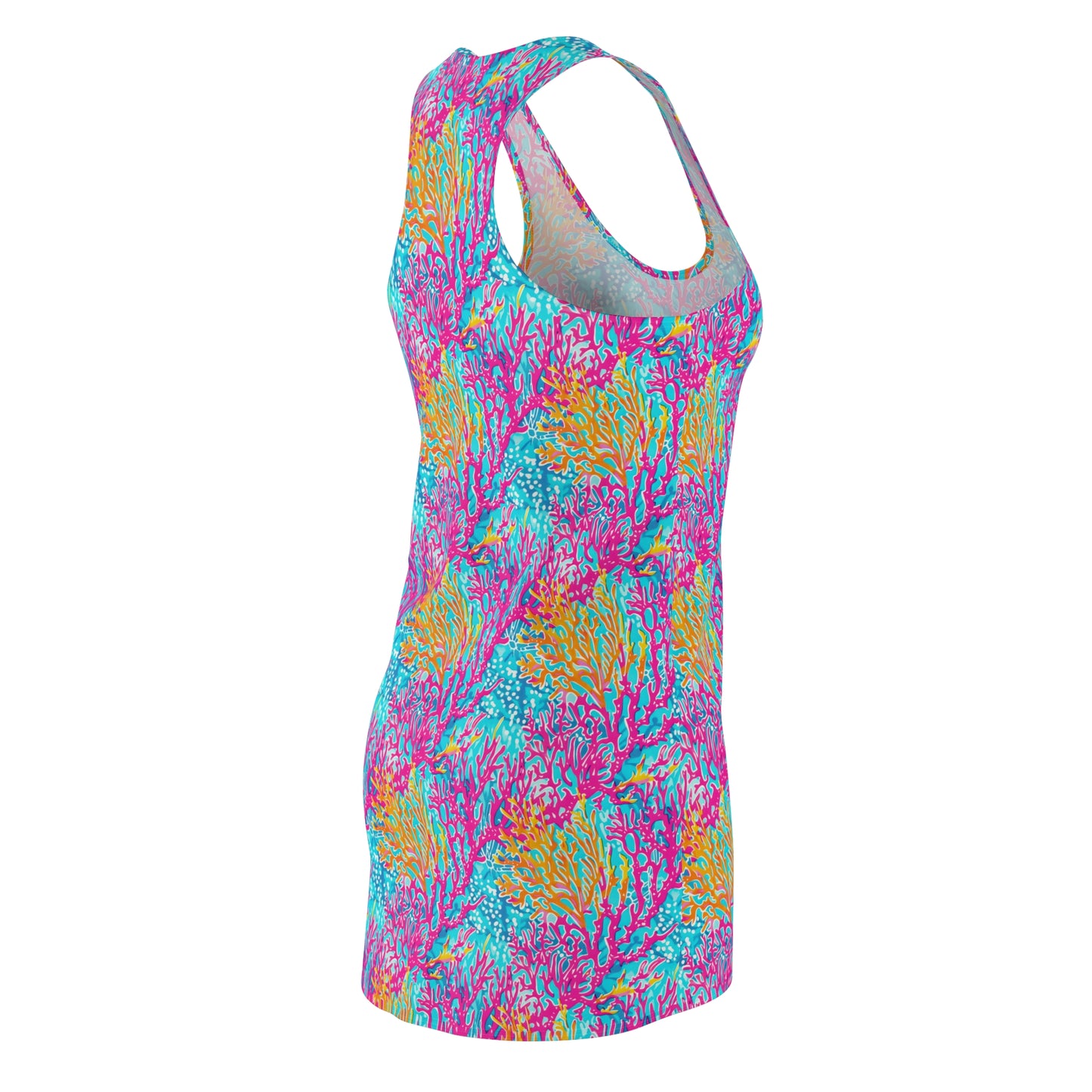 Coral Symphony: Bright Pink, Yellow, and Coral Dancing in the Blue Ocean Women's Racerback Dress XS - 2XL