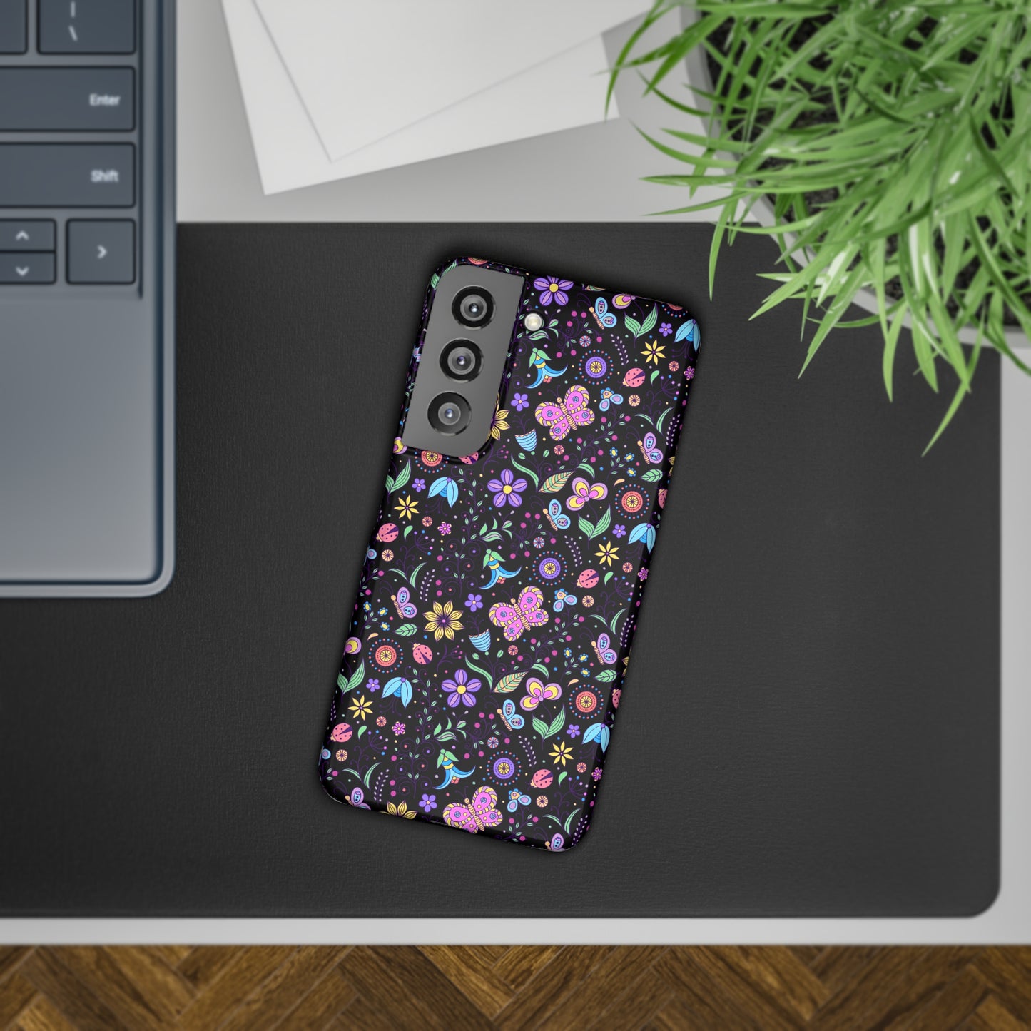 Butterflies and Flowers on Black Background Samsung Slim Cases