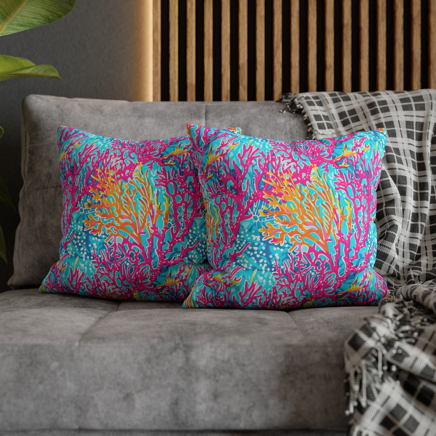 Coral Symphony: Bright Pink, Yellow, and Coral Dancing in the Blue Ocean Spun Polyester Square Pillowcase 4 Sizes