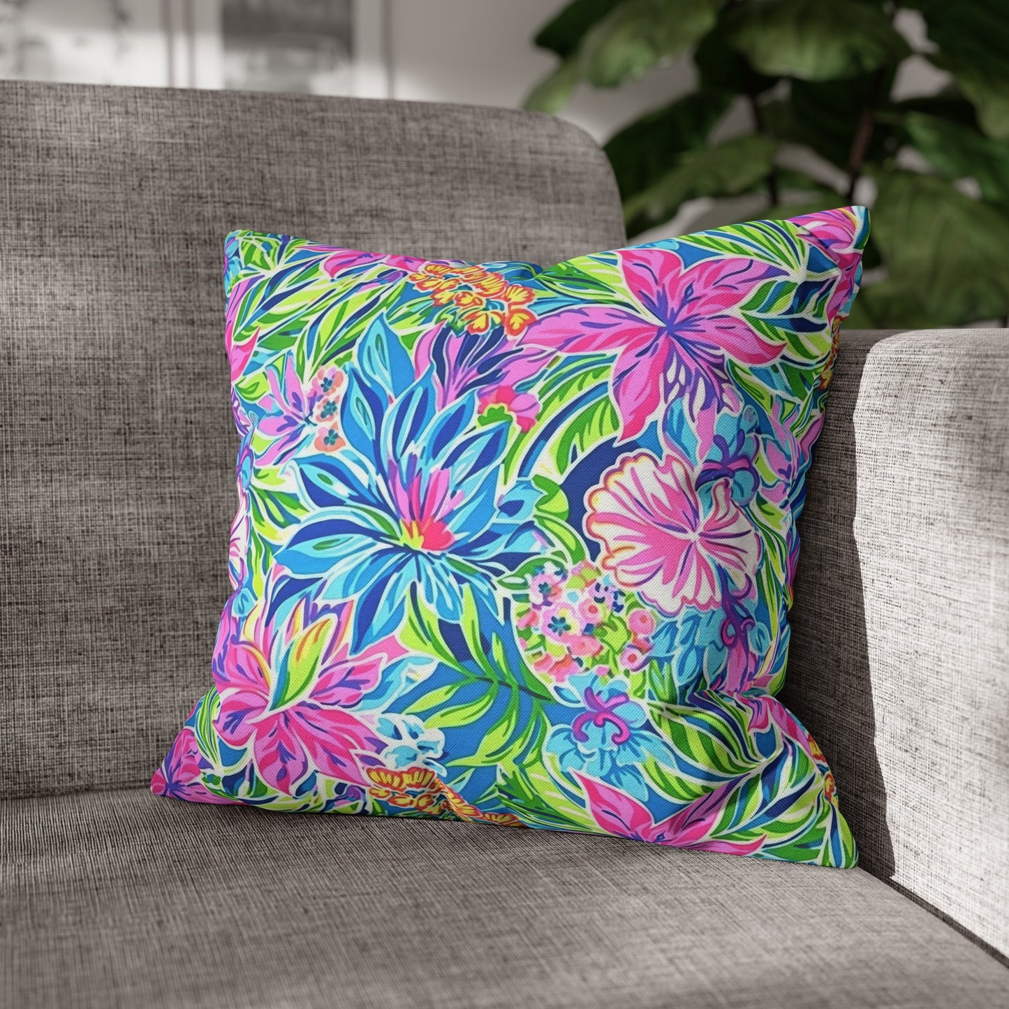 Summer Harmony: Pink and Blue Blooms with Lush Green Leaves Spun Polyester Square Pillowcase 4 Sizes