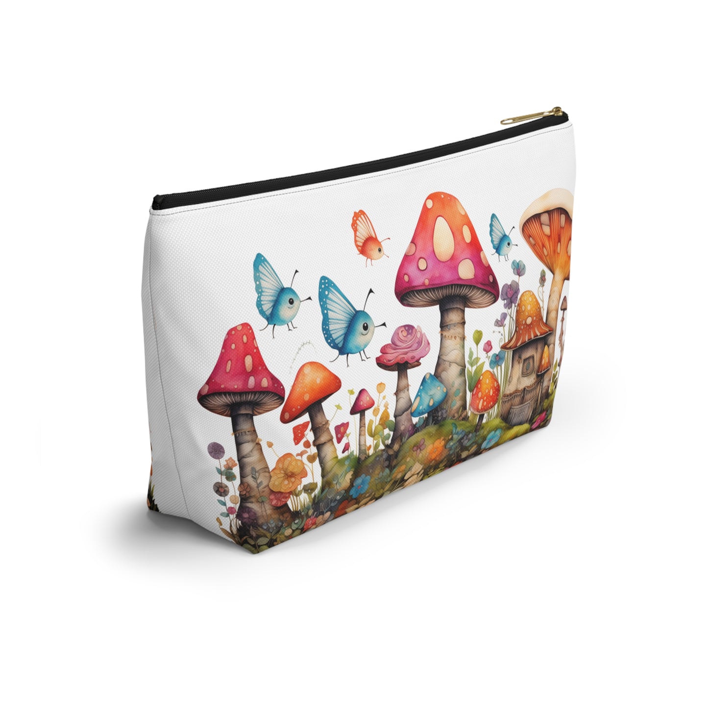 Enchanting Mushroom Cottage Adorned with Butterflies and Toadstools - Makeup & Accessory Bag 2 Sizes