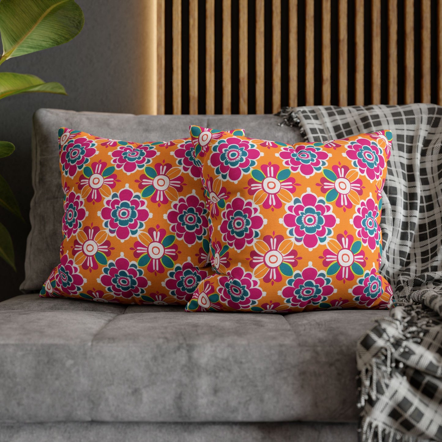 Array of Stylized Floral Motifs in Vivid Pink, Teal, and White Set Against a Warm Orange Backdrop Spun Polyester Square Pillowcase 4 Sizes