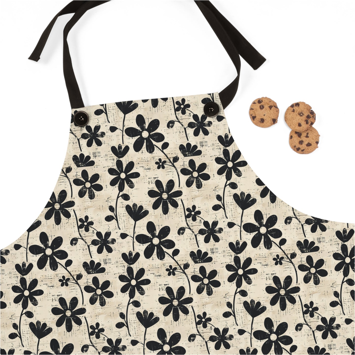 Distressed Black Floral on Beige Background Kitchen Chef Apron