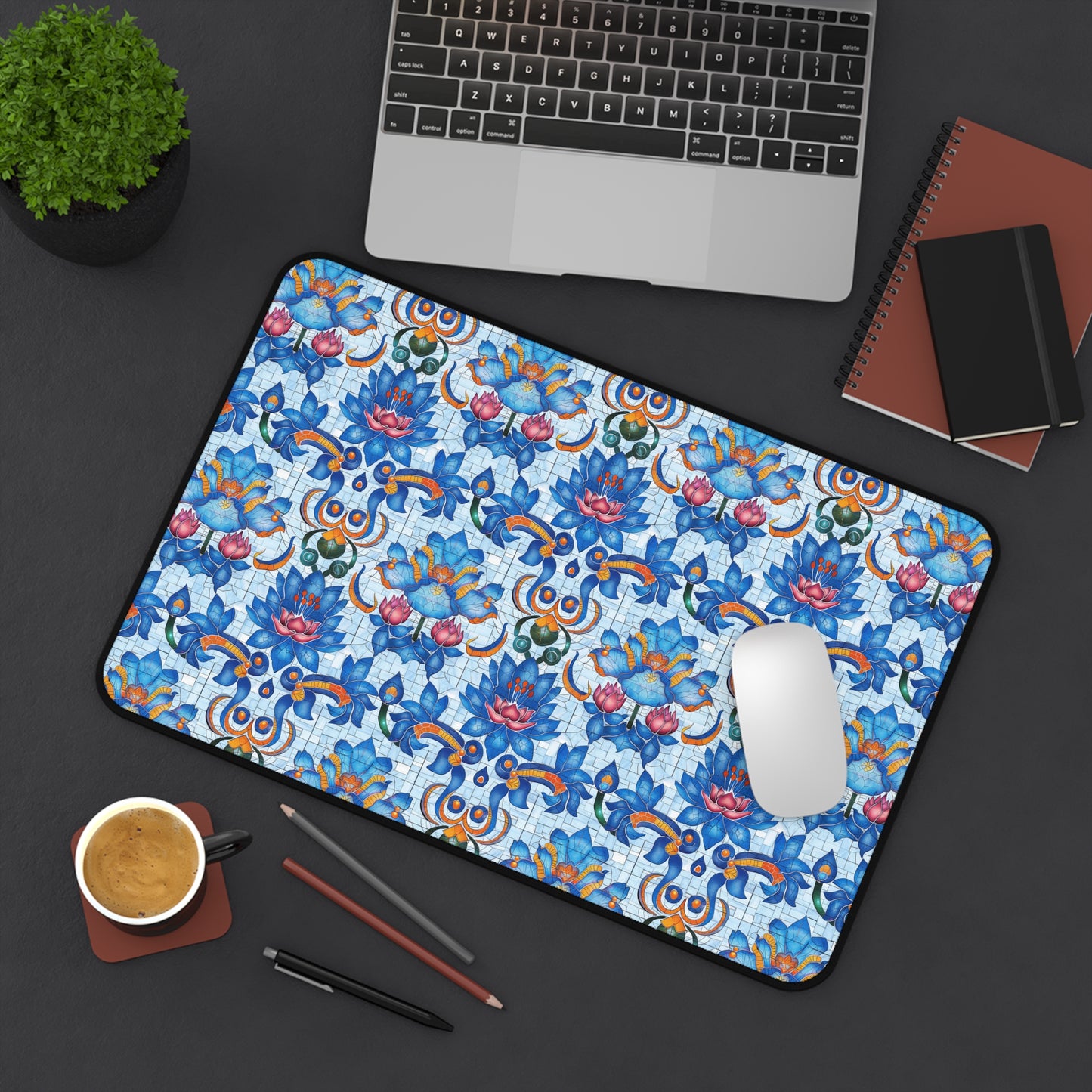 Majestic Mosaic Blossoms Vibrant Blue and Pink Floral Tile Design Extended Gaming Mouse Pad  Desk Mat  - 3 Sizes