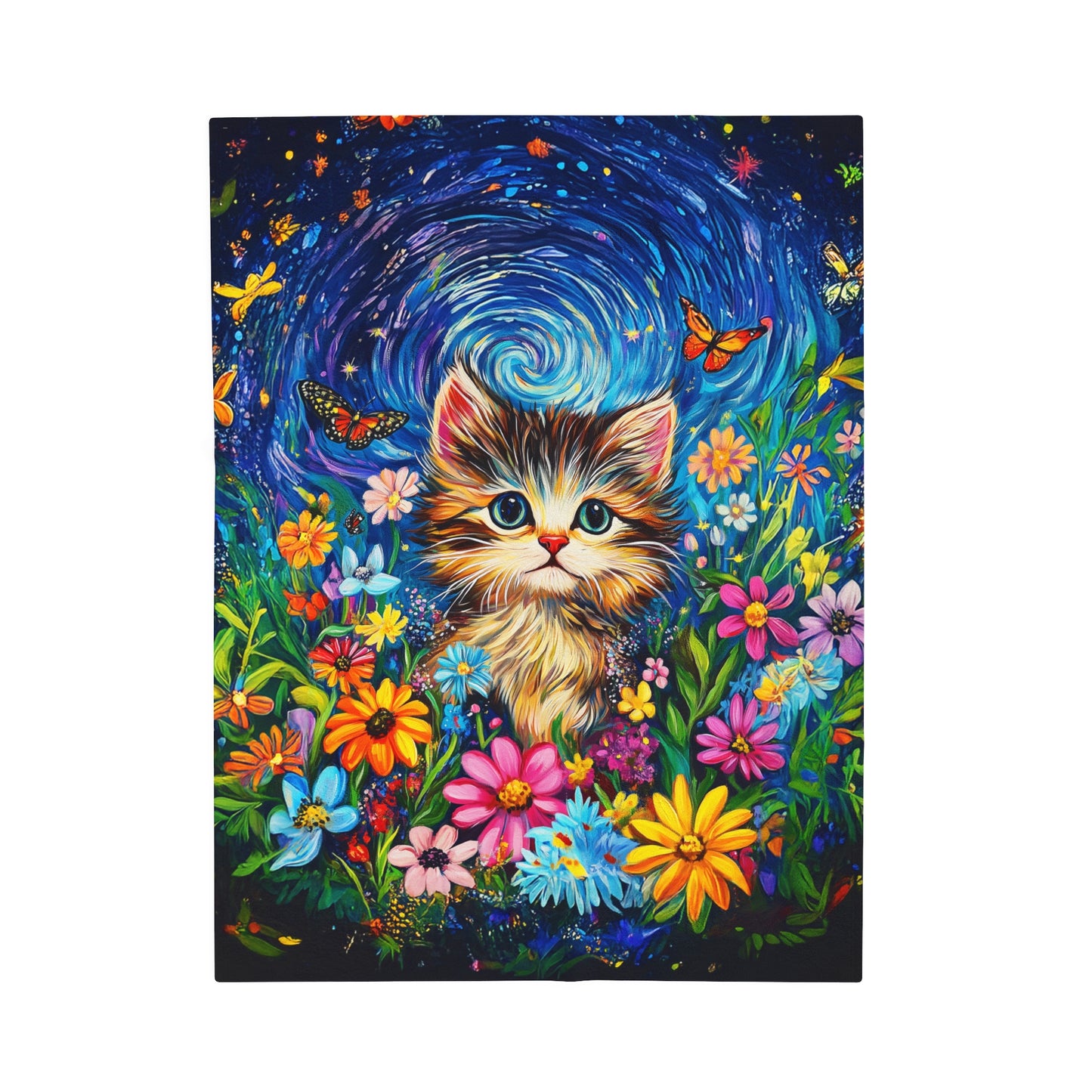 Whimsical Kitten Amidst a Van Gogh-Inspired Floral Fantasy Velveteen Plush Blanket 3 Sizes