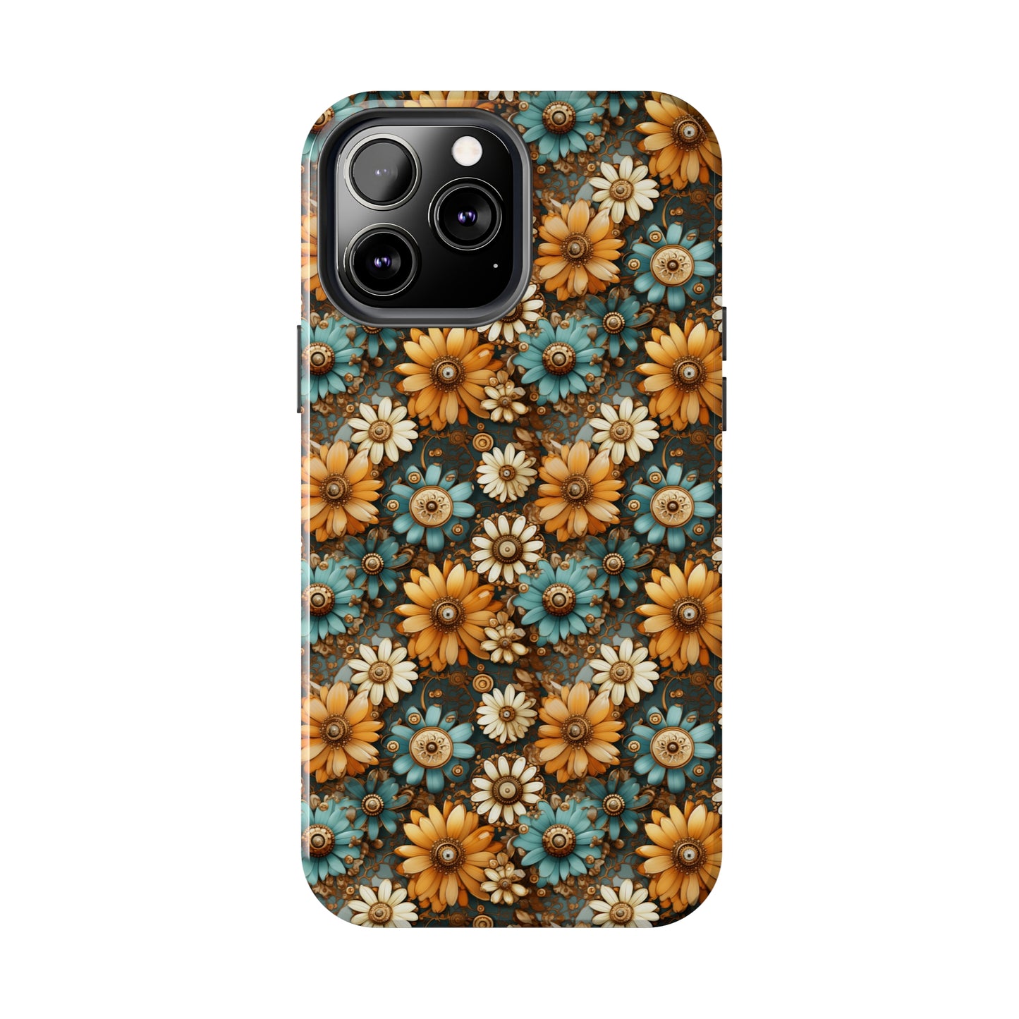 Victorian Steampunk Cream Gold and Teal Flowers with Gears and Mechanical Elements Iphone Tough Phone Case