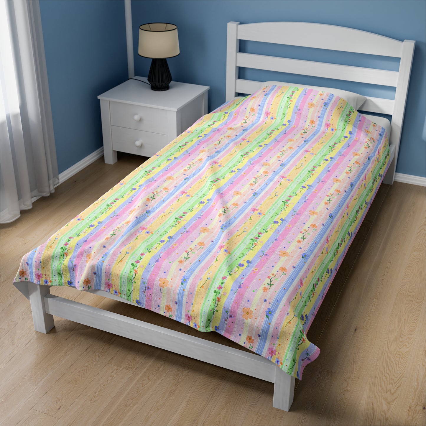 Pastel Garden of Stripes and Flowers Velveteen Plush Blanket 3 Sizes