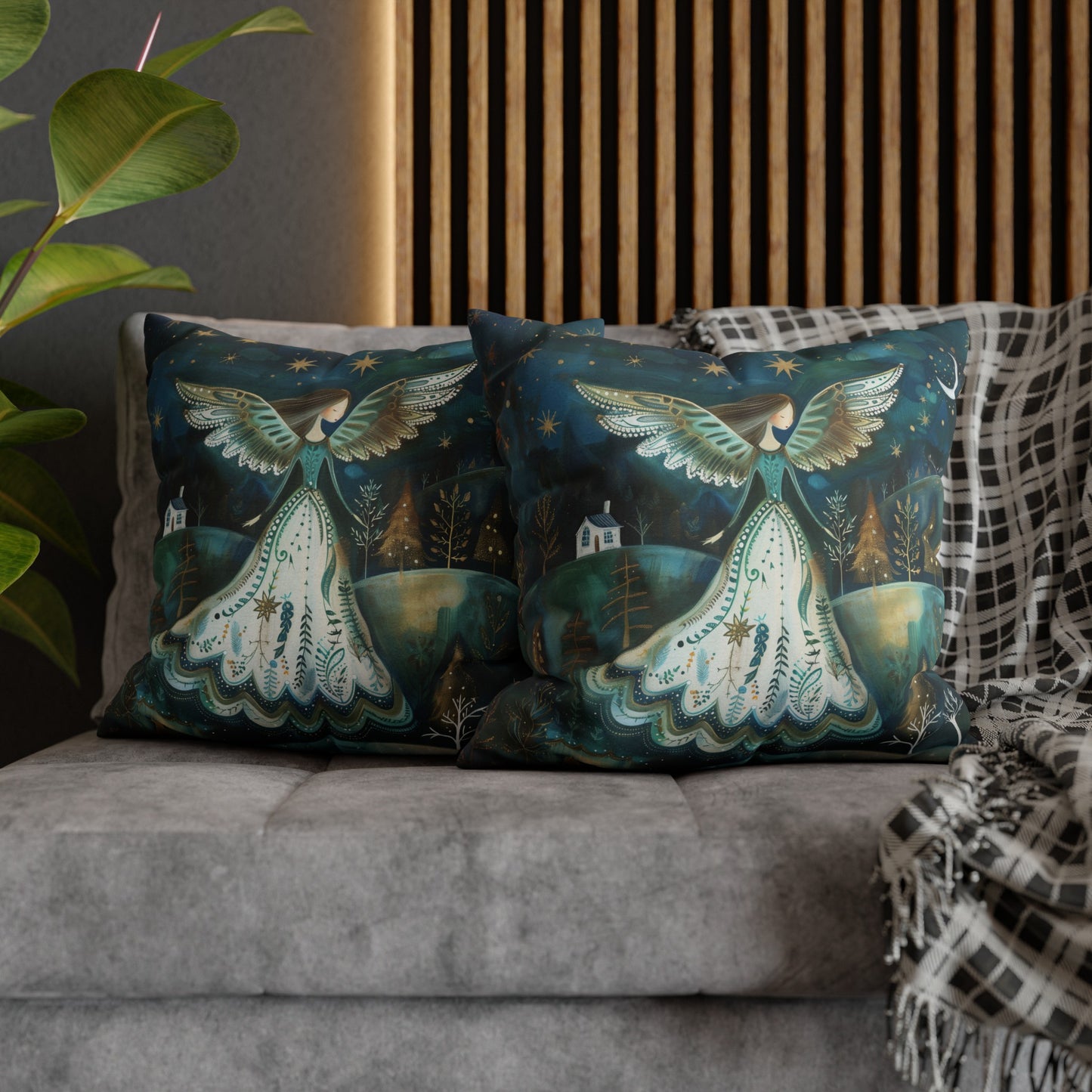 Starry Serenade: Angel in Flowing Dress Amidst a Starry Night Spun Polyester Square Pillowcase 4 Sizes