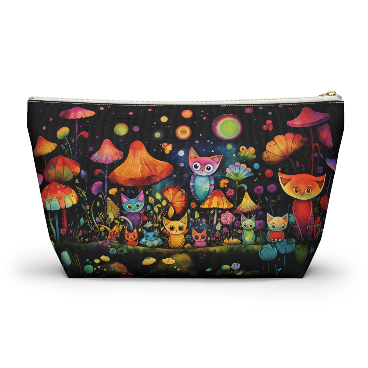 Mystical Cats Amidst a Garden of Flowers and Mushrooms, Beneath a Starry Sky - Makeup & Accessory Bag 2 Sizes