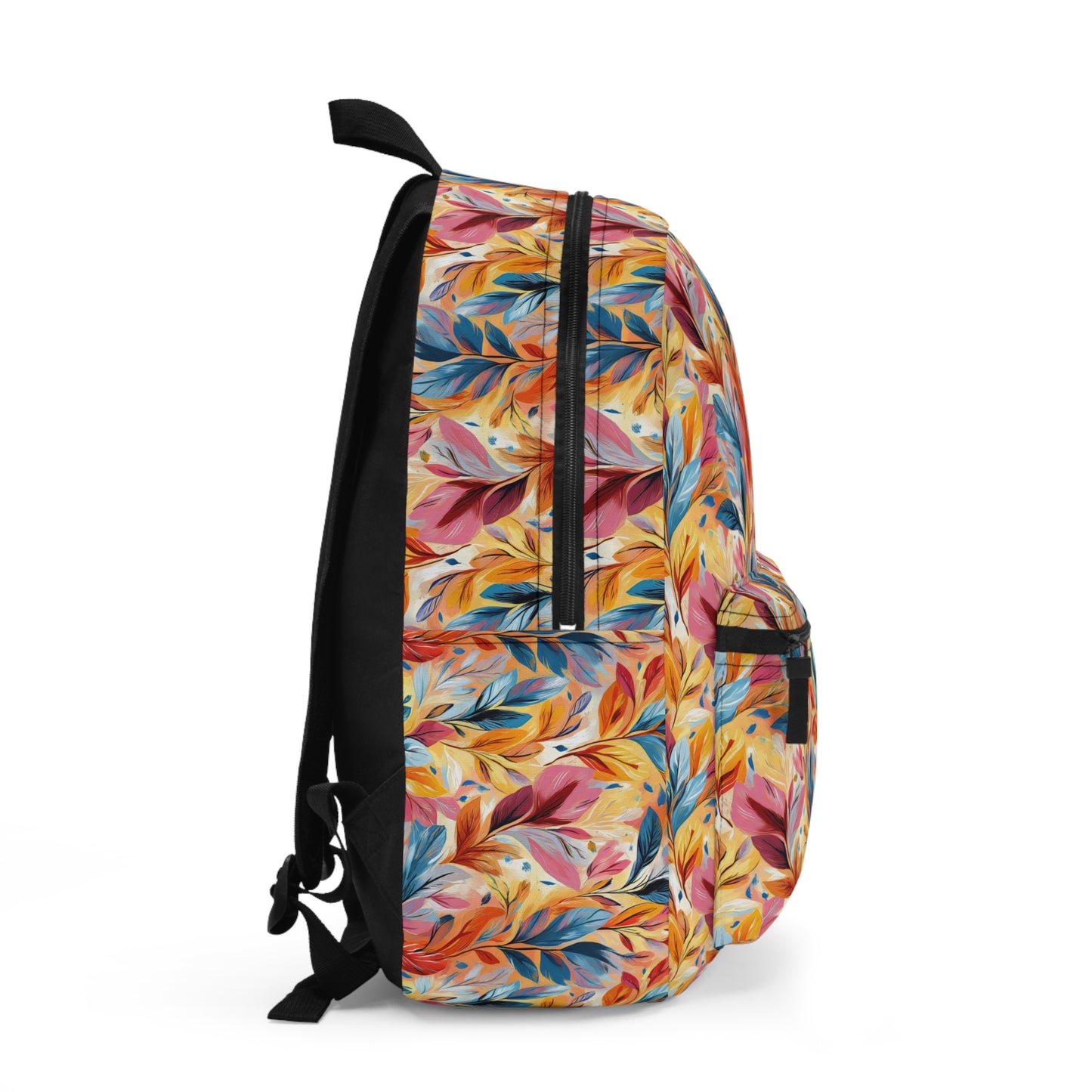 Vibrant Autumn Feathers in Hues of Orange, Yellow, Blue, and Pink on a Textured Background Lightweight Stylish Durable Backpack (Made in USA)