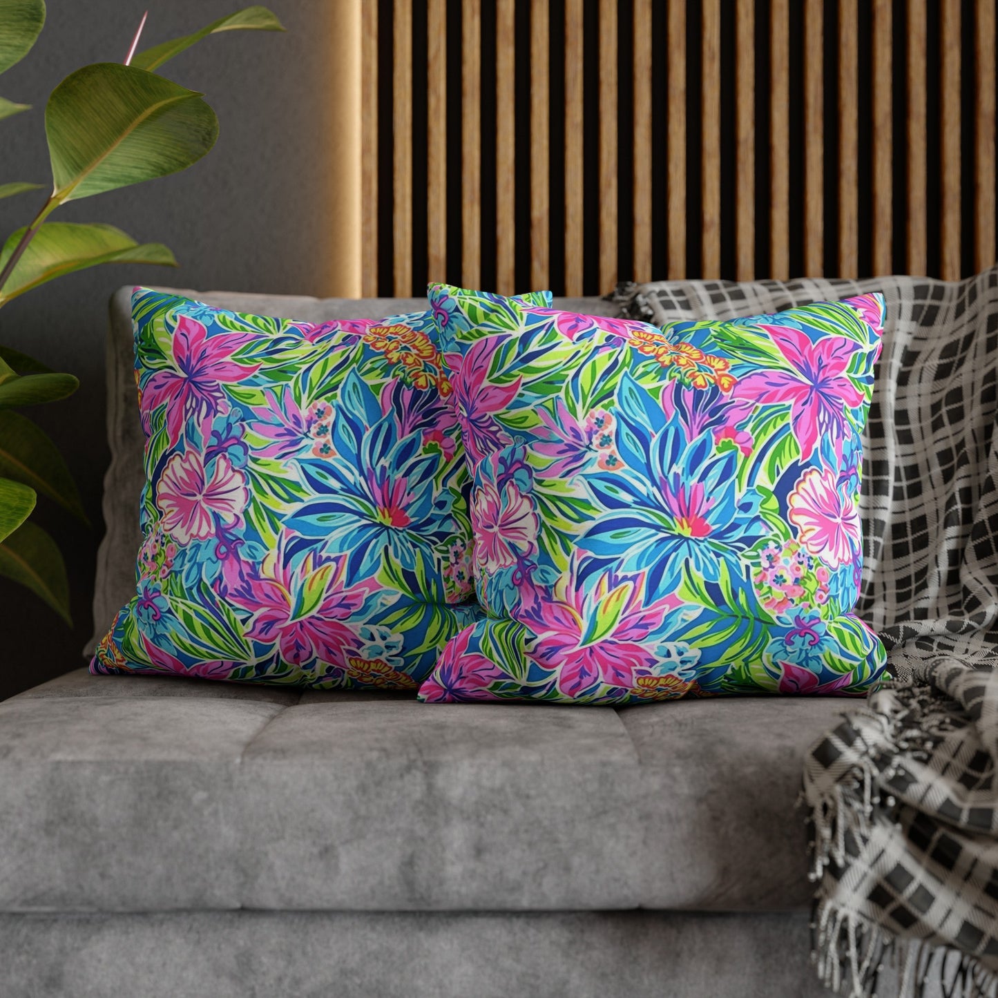 Summer Harmony: Pink and Blue Blooms with Lush Green Leaves Spun Polyester Square Pillowcase 4 Sizes