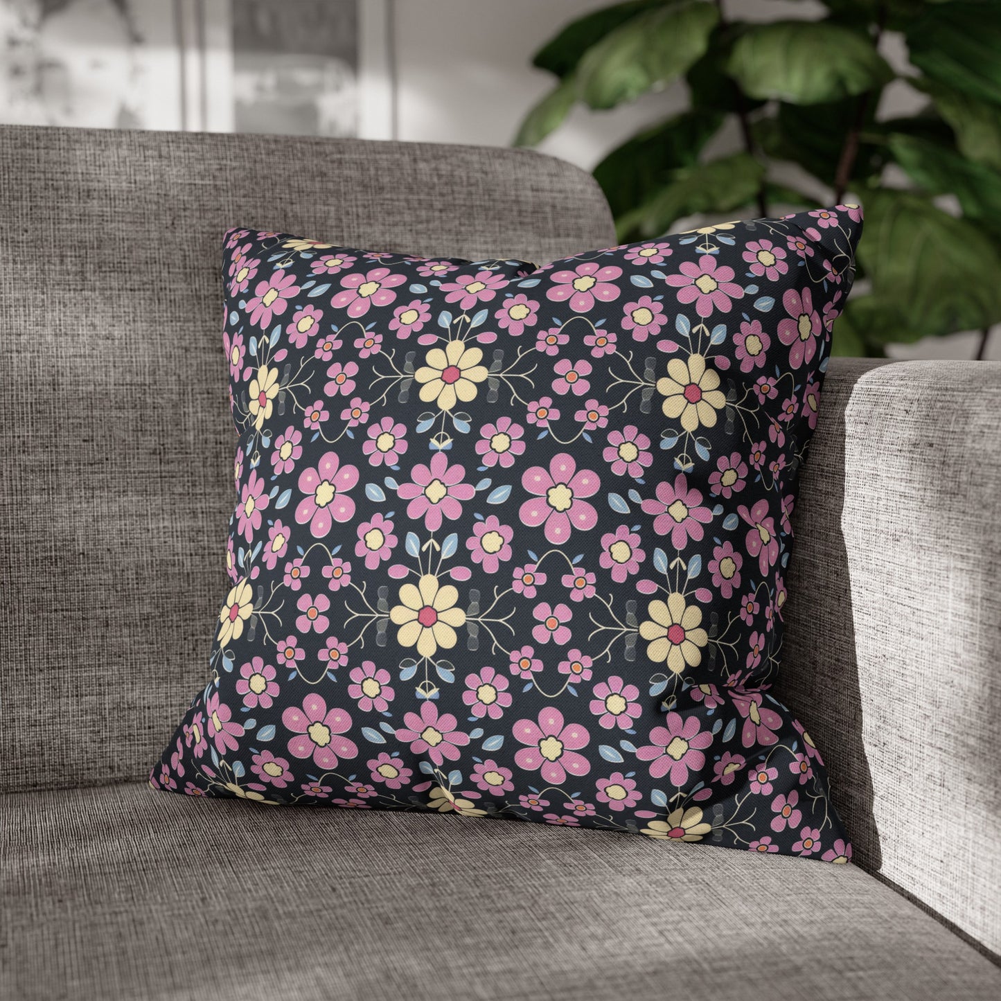 Charming Pastel Pink and Yellow Flowers on Navy Blue Background Spun Polyester Square Pillowcase 4 Sizes