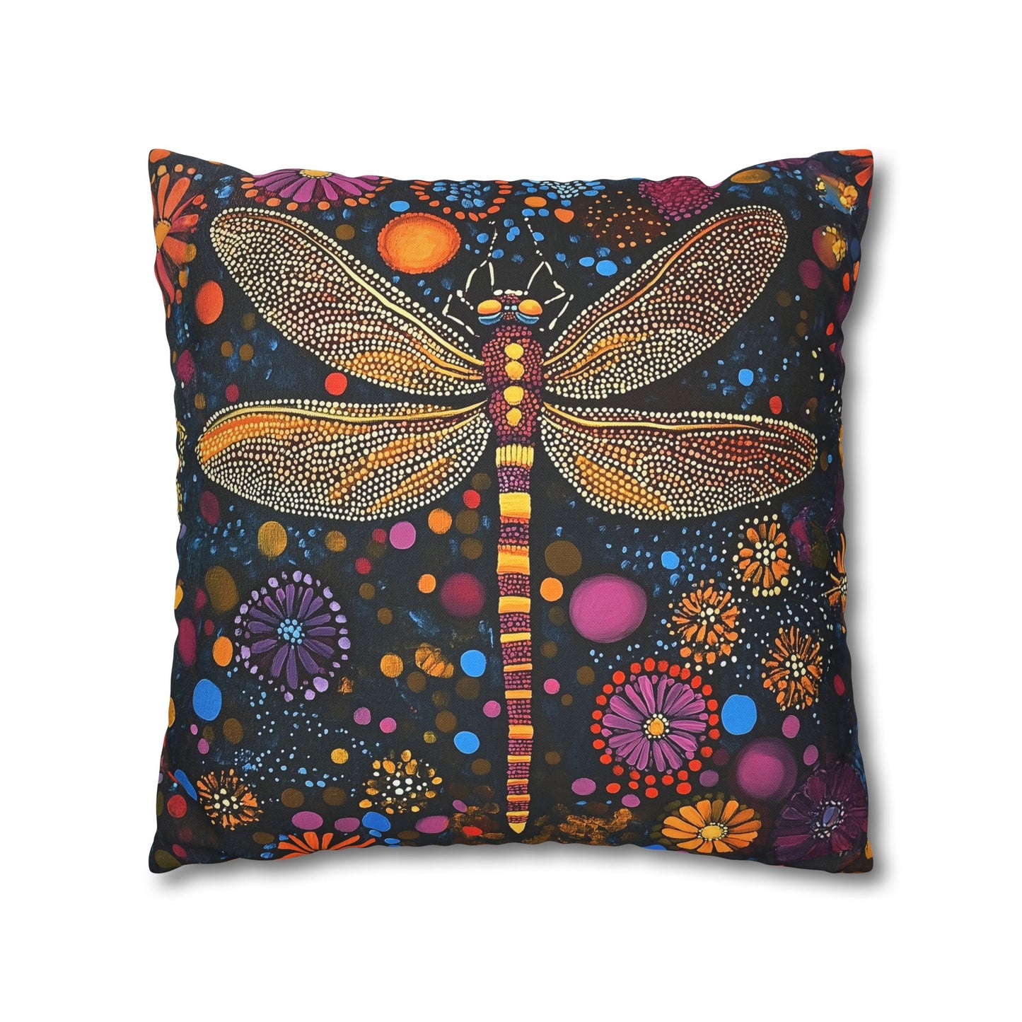 Vibrant Dragonfly Amidst a Kaleidoscope of Dot-Painted Blooms Spun Polyester Square Pillowcase 4 Sizes