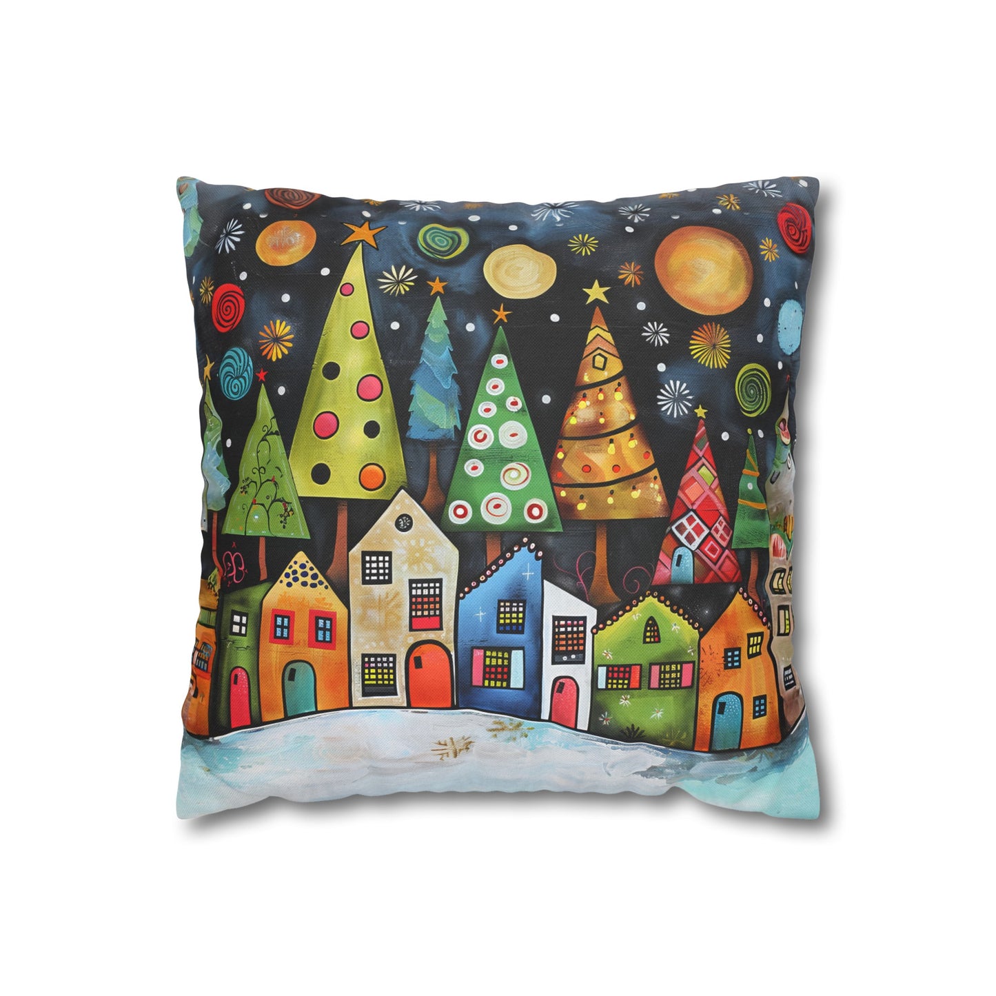 Holiday Haven: Abstract Folk Art Christmas Village Adorned with Christmas Trees Scene Spun Polyester Square Pillowcase 4 Sizes